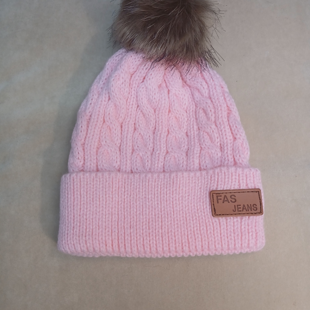 Baby Pink Youth Cable Knit Pom-Pom Beanie Hat